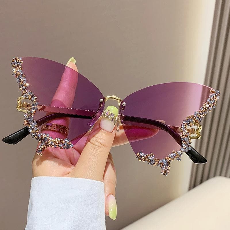 Butterfly Rimless Sunglasses Women Luxury Rhinestone Party Prom Club Fashion Glasses