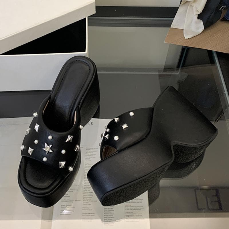 Liyke High Quality Cozy Soft Leather Wedges Heels Platform Slipper Women Fashion Metal Rivets Designer Sandal Female Party Shoes 35 black