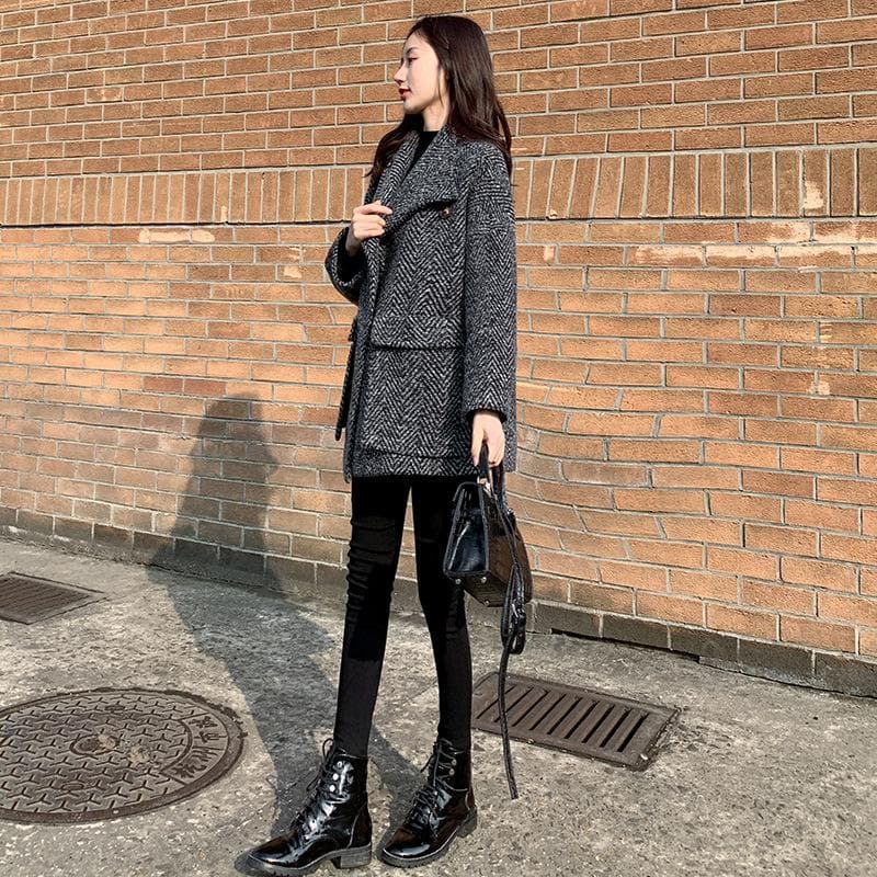 Herringbone Woolen Coat for Women In Autumn and Winter Versatile New Plaid Loose Mid-length Small Woolen Coat L