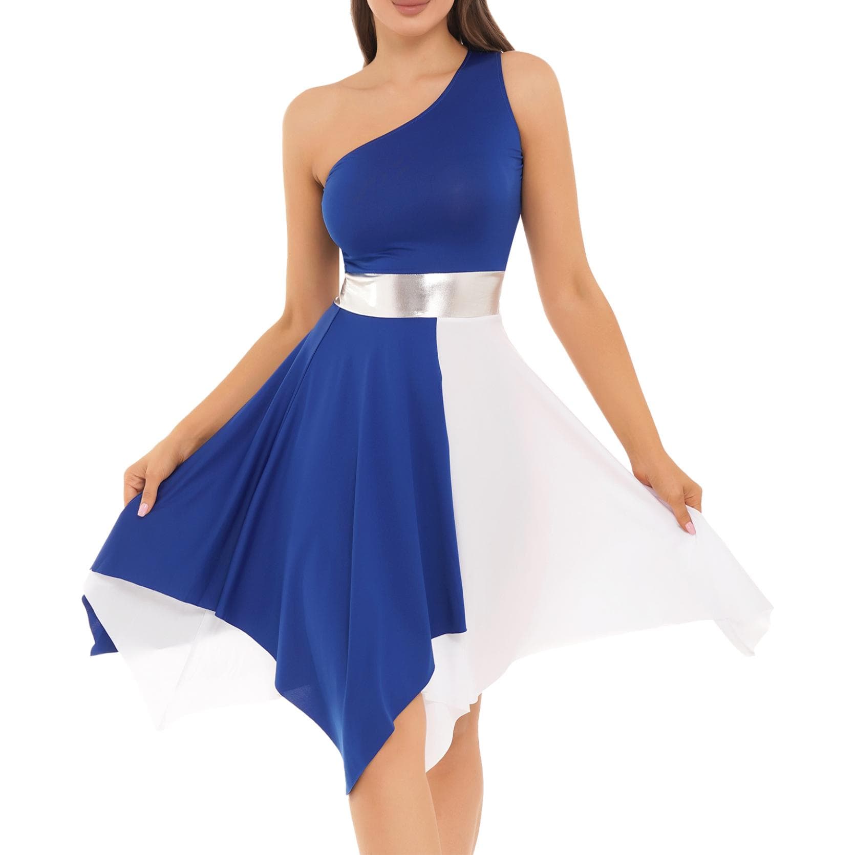 Womens One Shoulder Color Block Dance Dress Patchwork Asymmetrical Hem Sleeveless Dresses Dancewear L royal blue