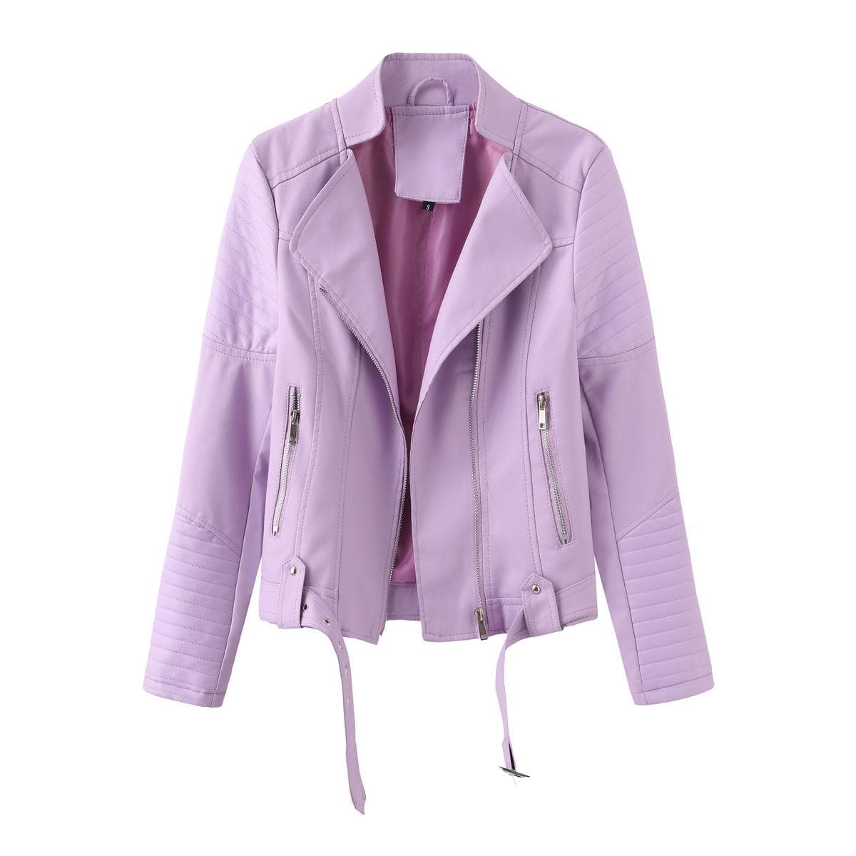Street Trendy Leather Jacket with Belt, Long-sleeved Spring and Autumn Thin Women's Jacket, European and American V-neck PU Jacket M