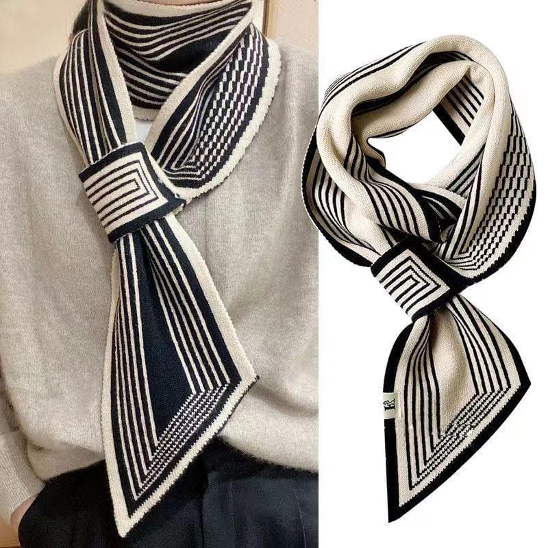 Women's Korean Style Knitted Wool Scarf Spring Autumn Cross Short Plaid Strips Scarves Winter Neck Cover Neck Scarf All-match Collar Scarf One size