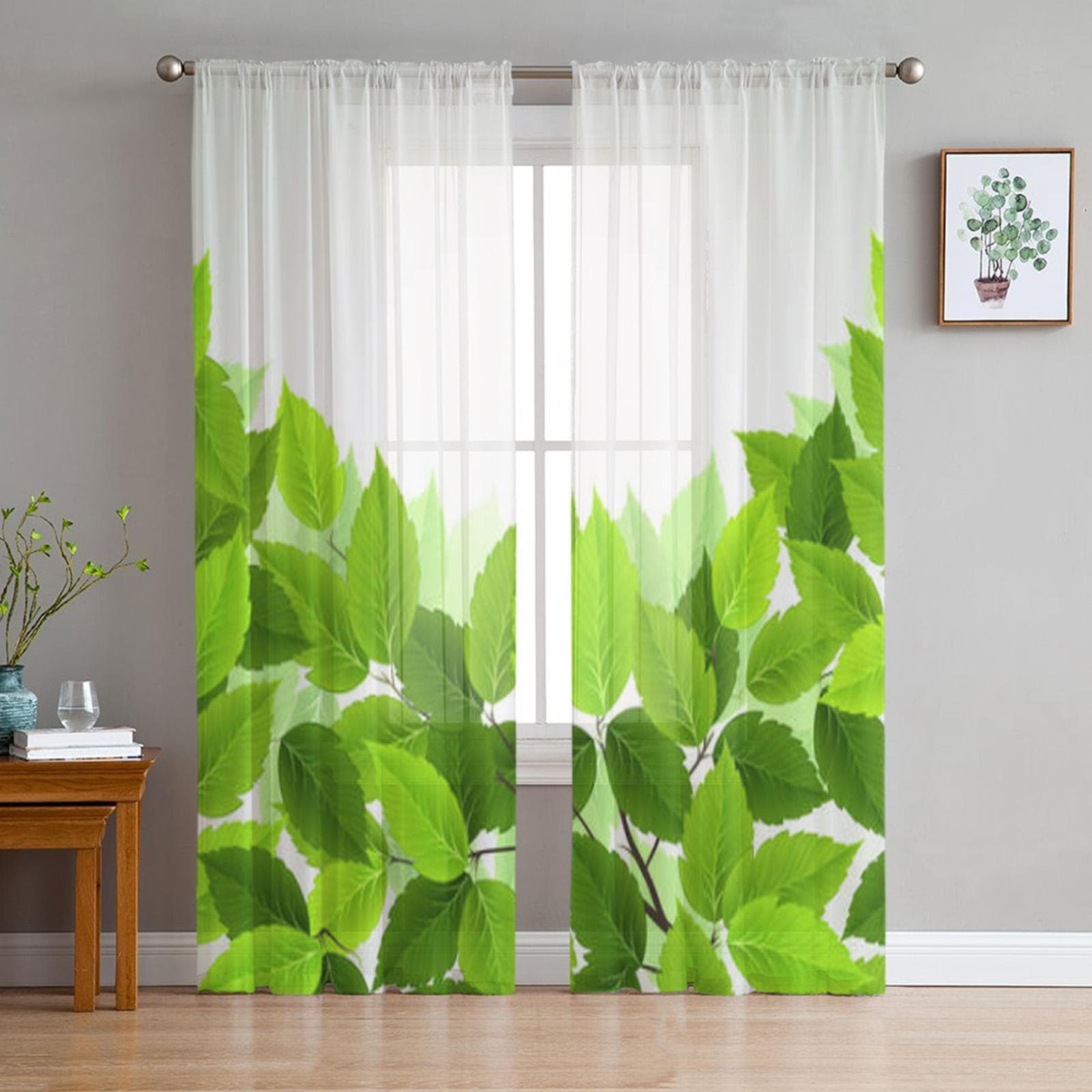 Branch Green Leaves Sheer Curtains for Living Room Transparent Tulle Window Treatments Bedroom Kitchen Home Decor Veil Drapes 135W x 114H(cm)