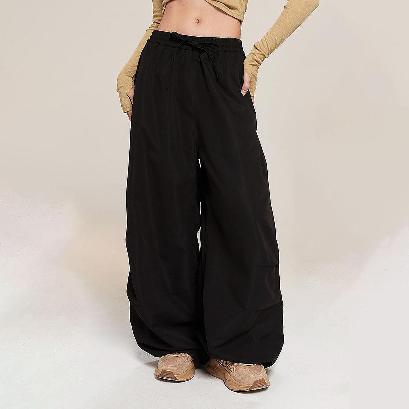 Girls Fashion Casual Wide Leg Sports Pants Elastic Waist Loose Pants Parachute Pants Paratrooper Cargo Pants S black