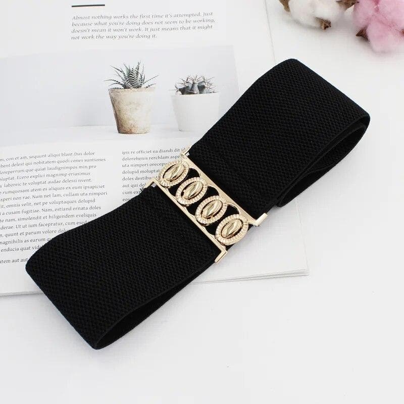 Women Belt Fashion Elastic Waist Cover Golden Buckle Elastic Waist Closure Versatile Wide Belt Paired With Dress Coat Lady Belts black