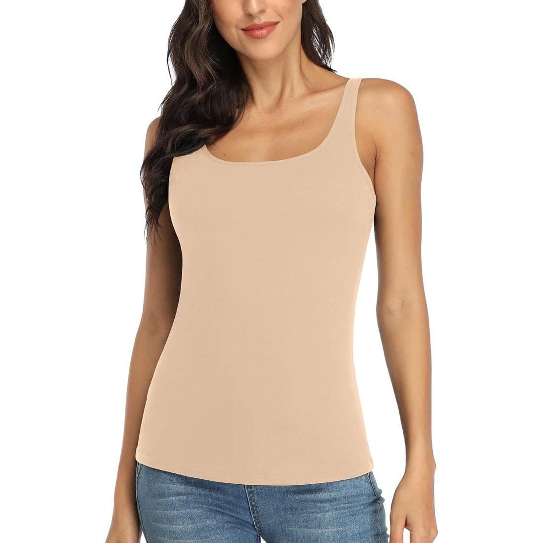 Charmleaks Women's Cotton Tank Top with Shelf Bra Adjustable Wider Strap Camisole Basic Cami Tanks M beige