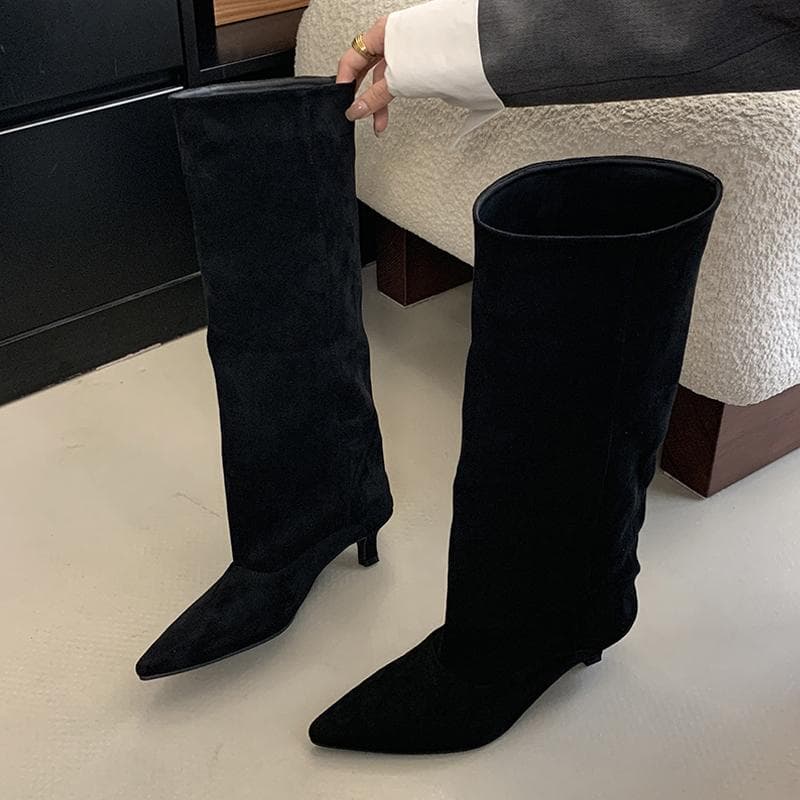 Liyke Autumn Winter Sexy Women Knee-High Boots Street Style Pointed Toe Thin Low Heels Cowboy Ladies Shoes Long Botas De Mujer 35 black