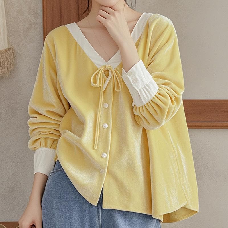 Early Autumn New Top French Beautiful Temperament Shirt Casual Yellow V-neck Velvet Shirt Women 2XL