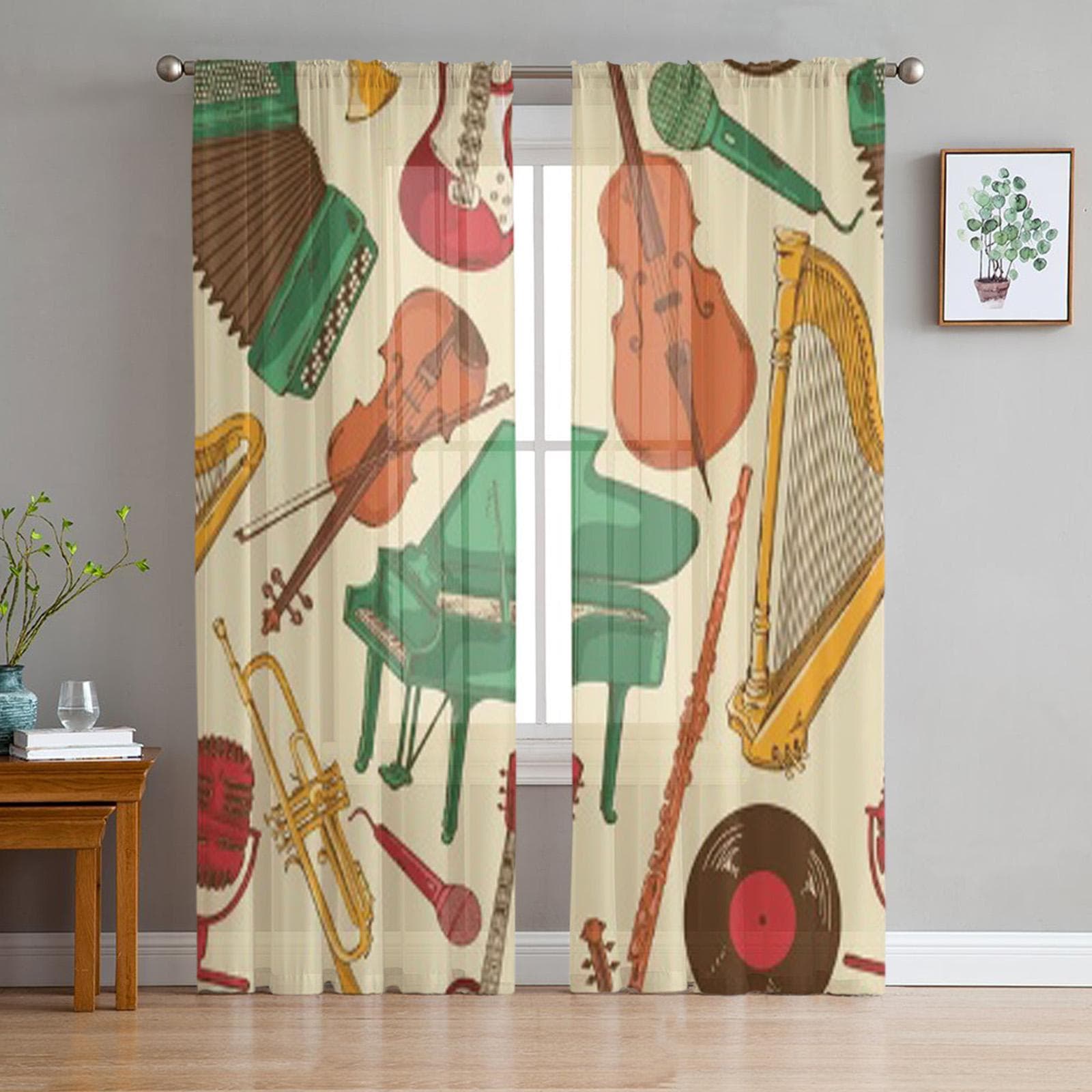 Colorful Cartoon Musical Instruments Tulle Sheer Curtains for Living Room Bedroom Kitchen Decoration Voile Organza Curtains 135W x 114H(cm)