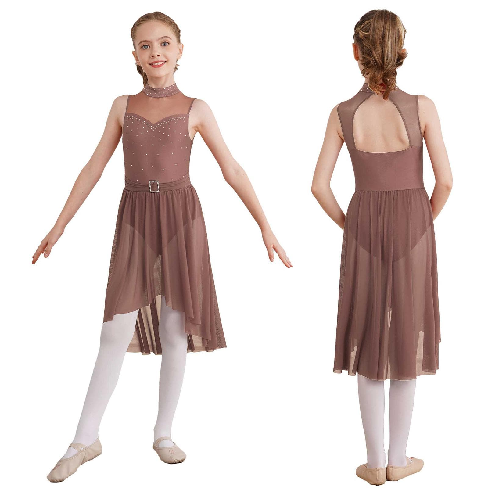 Girl's Sleeveless Gymnastics Leotard Ballet Lyrical Dance Dress Ballroom Dancing Performance Costume 5-6 Years brown