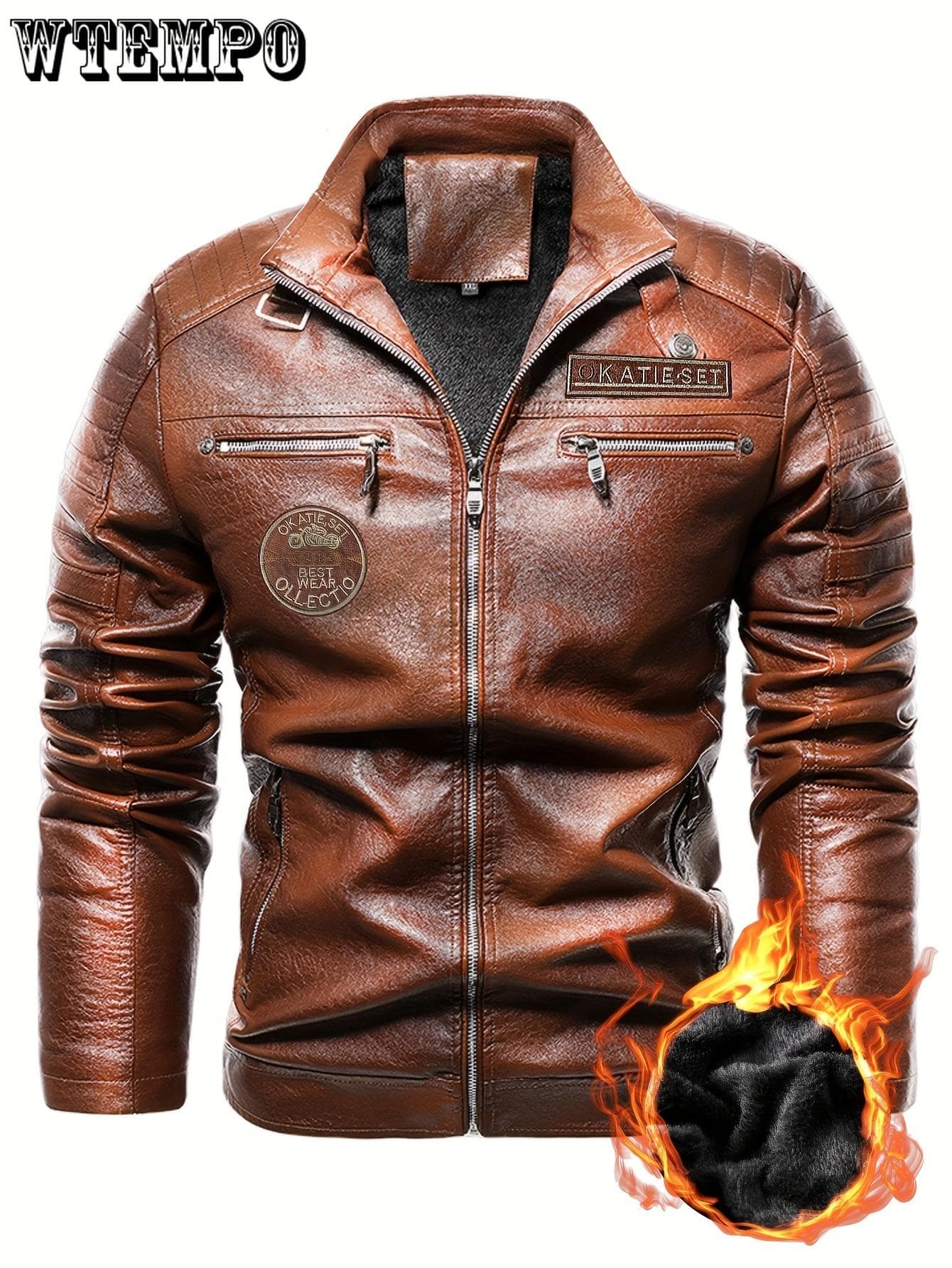 Retro PU Biker Jacket, Men's Casual Warm Fleece Zip Up Stand Collar Faux Leather Jacket For Fall Winter XXXXXXXL dark yellow