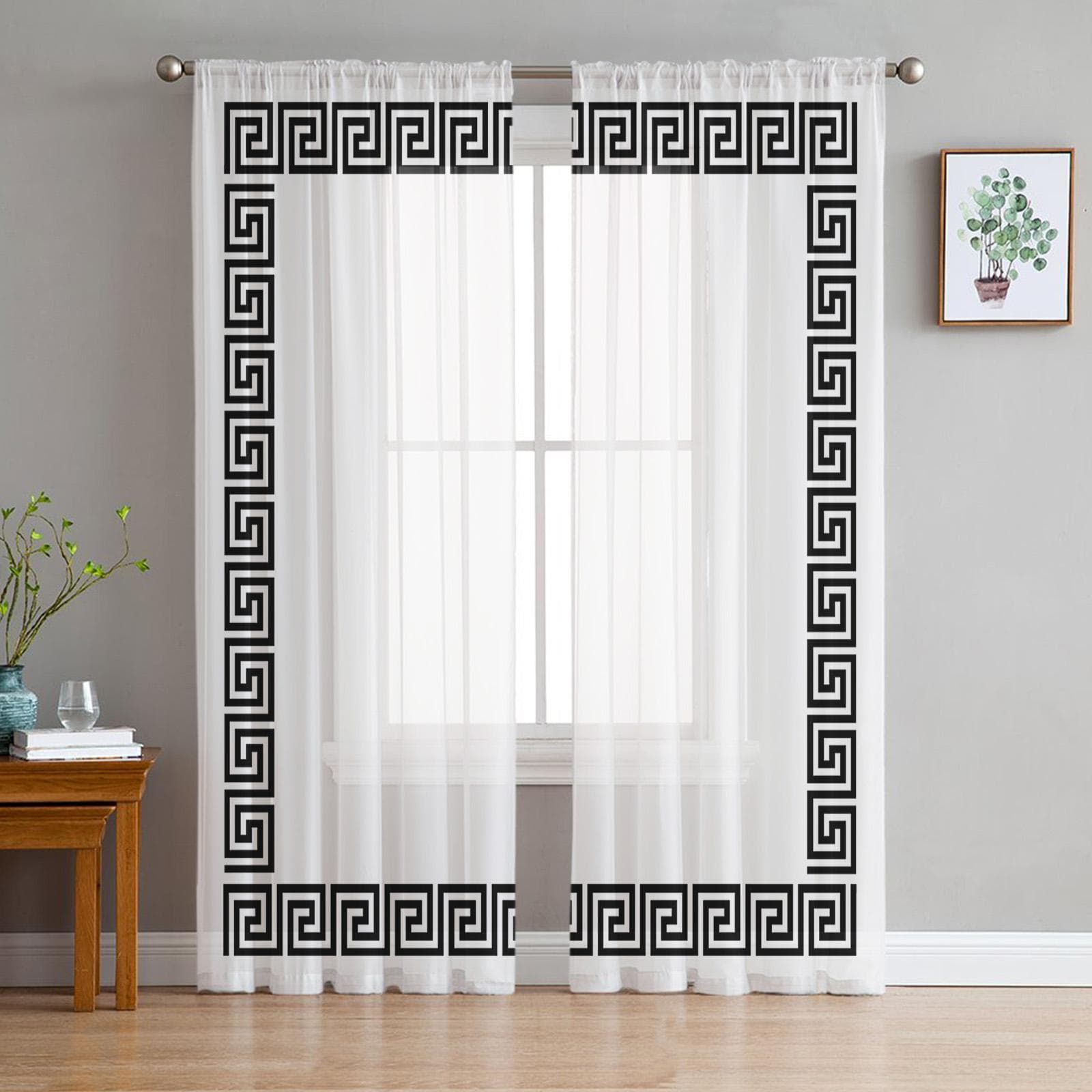 Red Geometric Greek Key Pattern Voile Sheer Curtains Living Room Window Chiffon Tulle Curtain Kitchen Bedroom Drapes Home Decor 135W x 244H(cm)