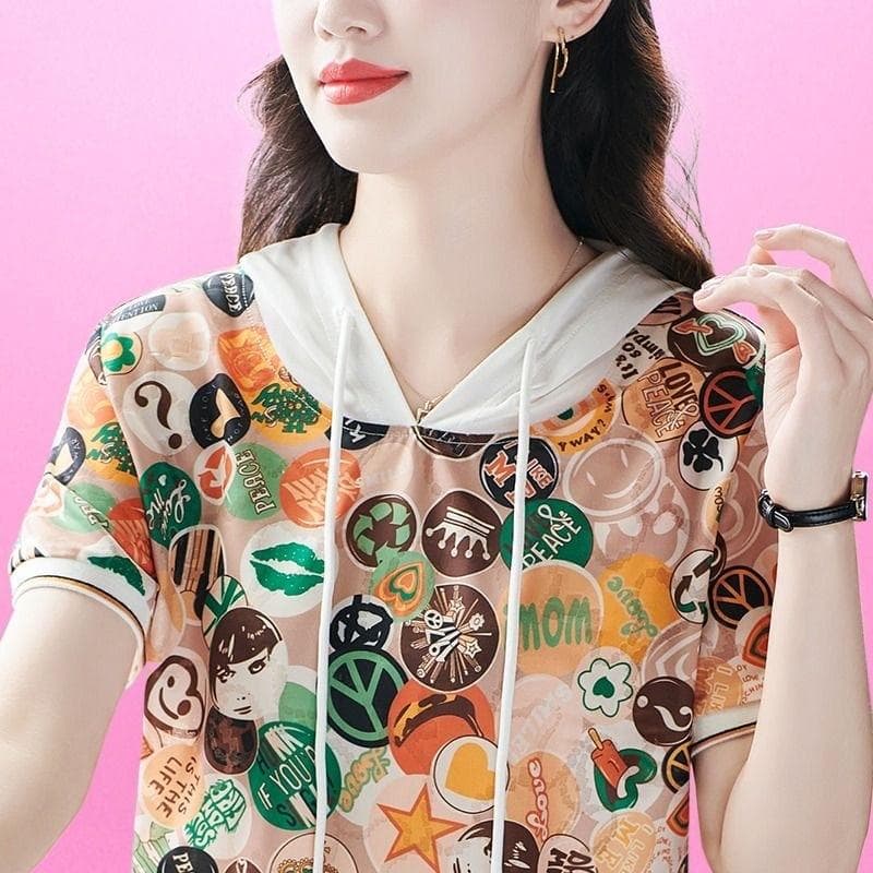 New Small Shirt T-shirt for Women In Summer Women's Short-sleeved Loose Top Mother Printed Hooded T-shirt 4XL
