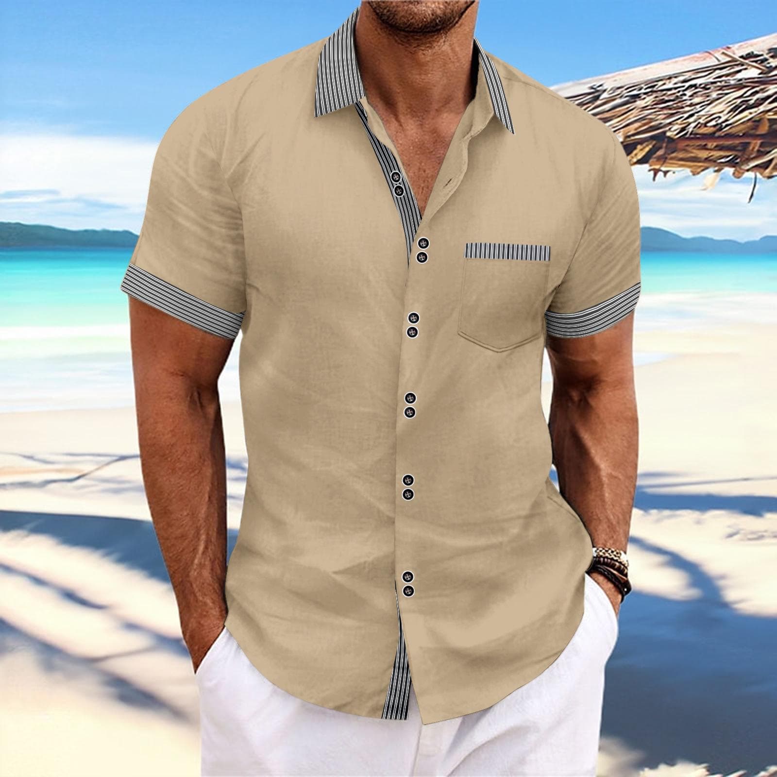 Men's 2024 Summer Fashion Striped Slim Fit Double-Button Business Casual Short-Sleeve Shirt L khaki