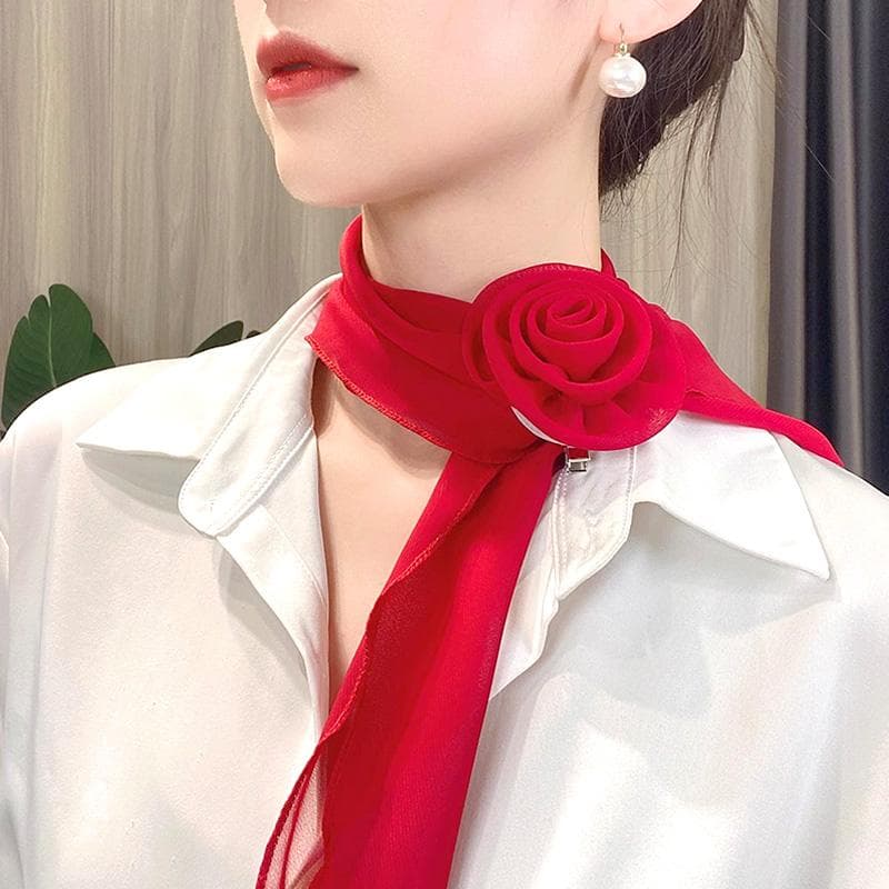 Women Breathable Rose Decor Chiffon Sunscreen Silk Scarf Neckerchief Neck Collar Anti-UV Thin red
