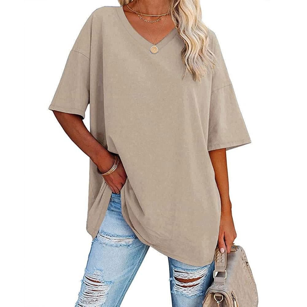 Summer Women's T-shirt Casual Solid Color V-Neck Large Size Loose Short Sleeve Top XL apricot