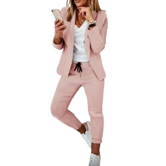 2 Pcs/Set Women Coat Pants Set Business Set Long Sleeves Solid Color Drawstring Elastic Waist Lapel Slim Fit Pants Blazer Trousers Suit 2XL pink
