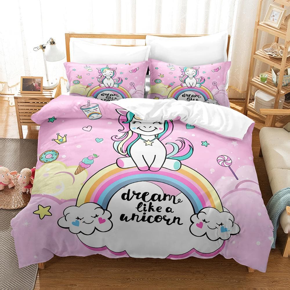 Rainbow Unicorn Bedding Set for Kids, Cartoon Animal Bed Linen for Girls, Kawaii Duvet Cover Sets, Twin, Single, Double, Queen EU Single 135x200cm