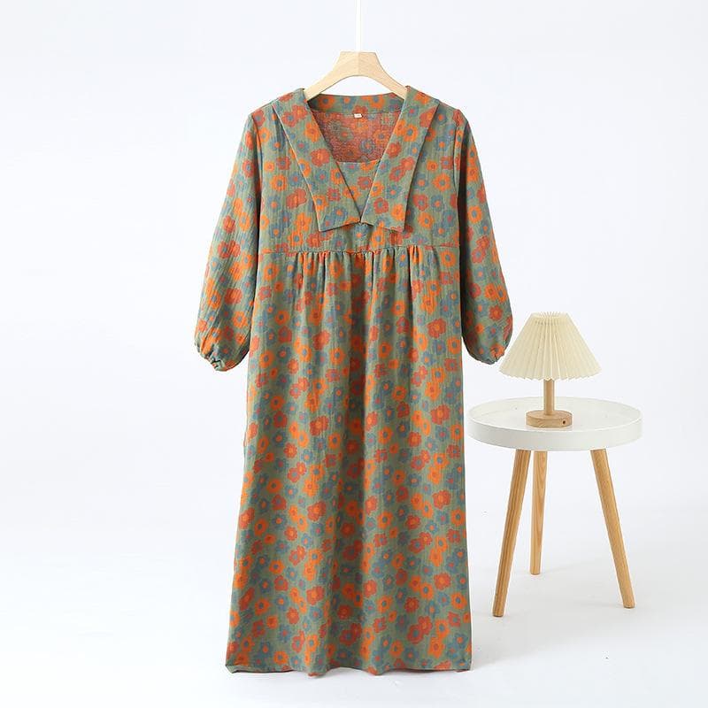 New Japanese Women's Spring and Summer Nightgown 100% Cotton Large Flower Skirt Simple Large Size Retro Home Dress L