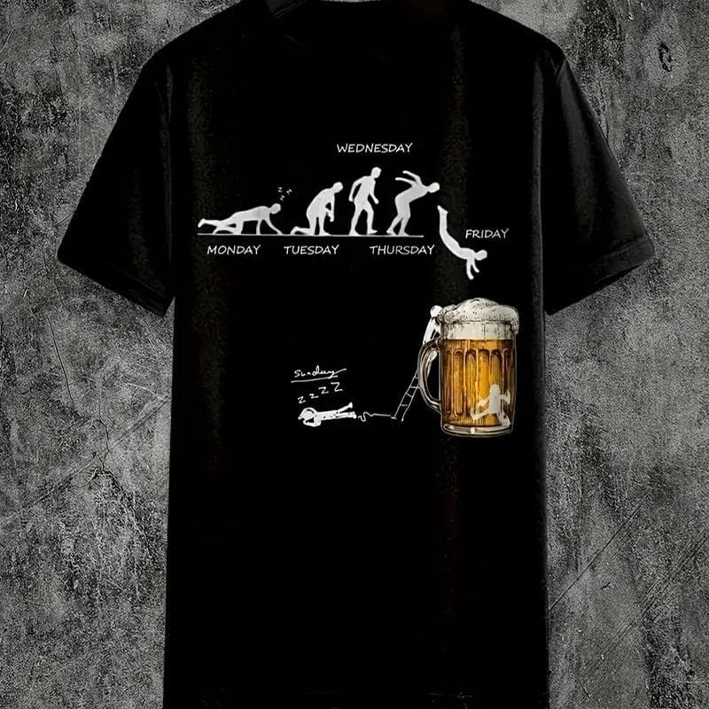 New Summer Men's Fashion T-shirt Personality Beer Printed Men's T-shirt Top 3XL black