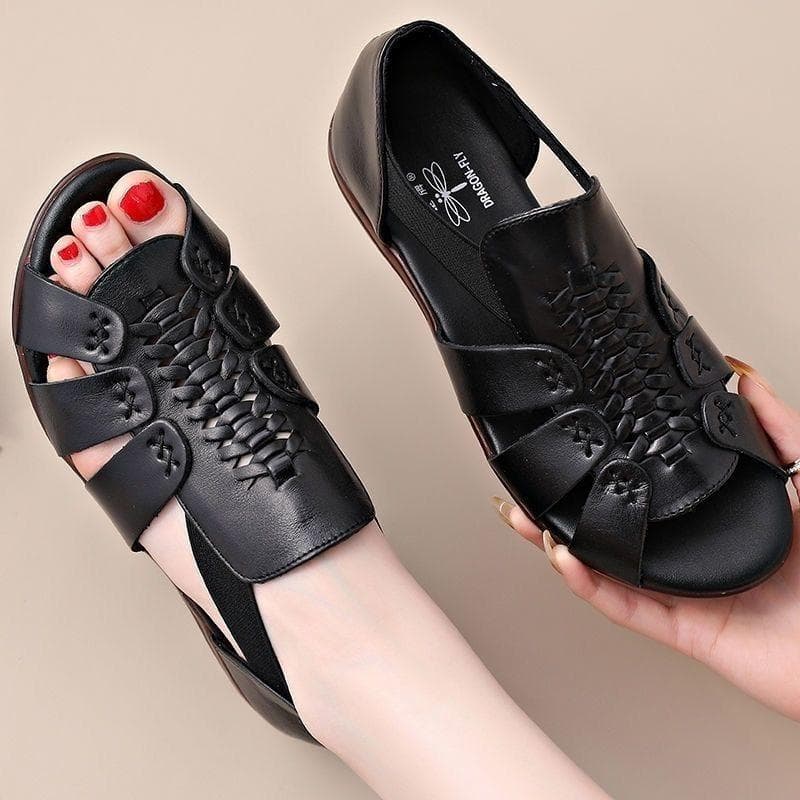 Women's Sandals Summer New Quality Soft Leather Mom Shoes Comfortable Non-slip Flat Bottom Middle-aged Sandals Cowhide Soft Bottom Elderly Shoes 41 black