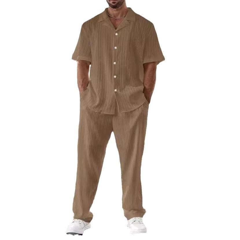 New Men's Commuter Suit Casual Button Shirt Short Sleeve Pants Men's 3XL brown