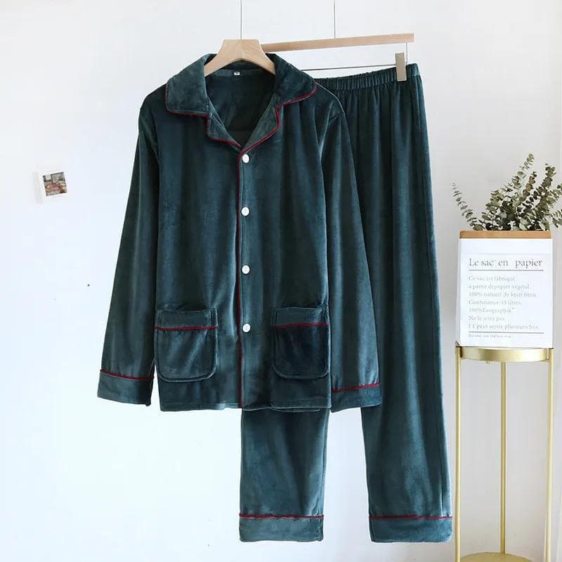 Autumn/Winter New Men's Pajama Set Flannel Thickened Warm Long Sleeve Pants Coral Plush Home Fur Two Piece Set for Men 2XL
