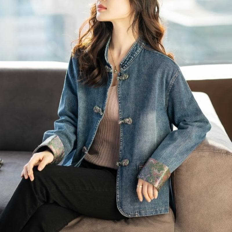 New Chinese Style Women's Winter Season New Style Popular Chinese Style Folding Long-sleeved Top 3XL blue