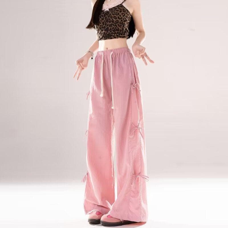 Bow Tie-up Work Pants for Women New Style Drawstring Low Waist Loose Casual Wide-leg Pants 3XL