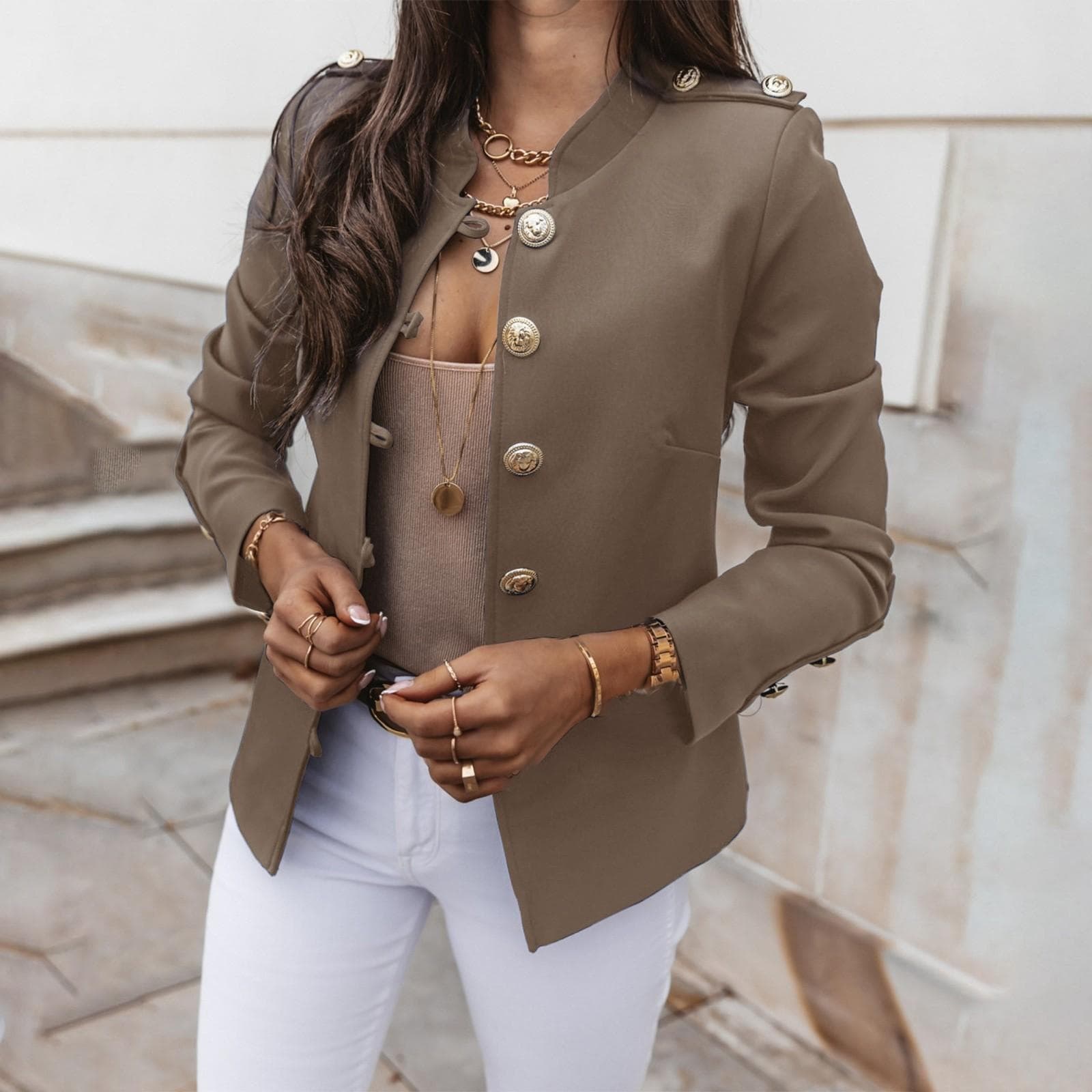 Women's Casual Solid Color Long Sleeve Slim Breasted Small Suit Short Jacket L khaki
