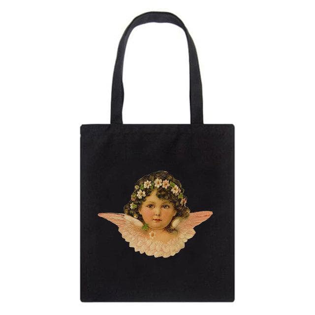 Fiorucci Letter Angel Cartoon Casual Vintage Large-capacity Fashion Harajuku Canvas Bag Hip Hop Shopping Bag Women Shoulder Bags 25*30cm