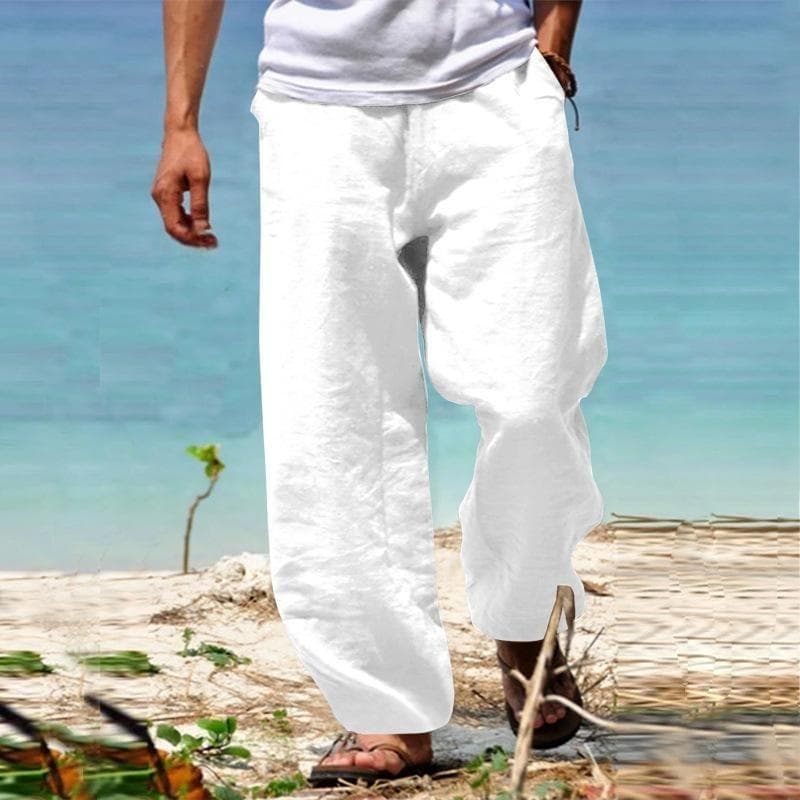 Men's Fashion Casual Loose Solid Color Comfortable Cotton Linen Trousers XXXL white