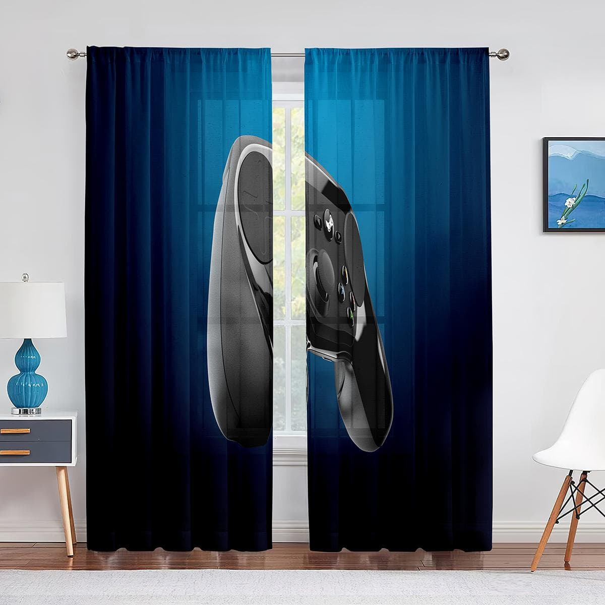 Boys Gamer Tulle Curtains for Living Room Decor Gaming Controller Video Game for Kids Sheer Voile Curtain Window Drapes Blinds 1 PCS W250XH250cm&Grommet Top