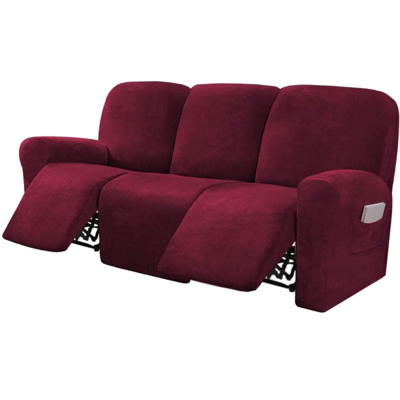 Ultimate Decor 8-Pieces Recliner Sofa Covers Velvet Stretch Reclining Couch Covers for 3 Cushion Reclining Sofa Slipcovers 3-Seat burgundy