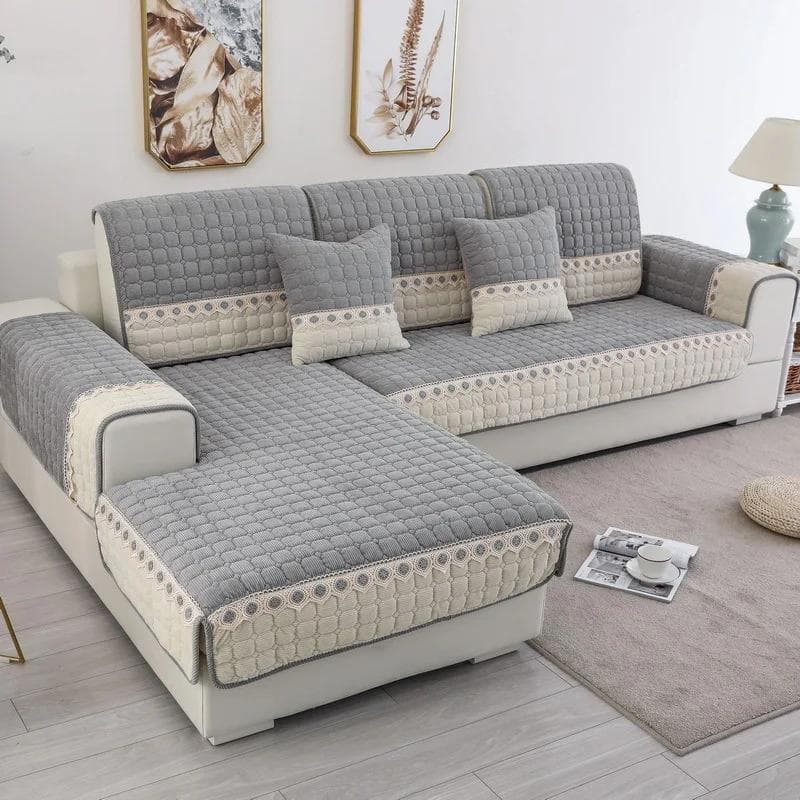 Thick Warm Plush Sofa Cushion Europe Winter Non-slip Cushion Modern Grid Sofa Towel White Wide Edge Lace Sofa Cover Living Room 70x90cm 1pcs