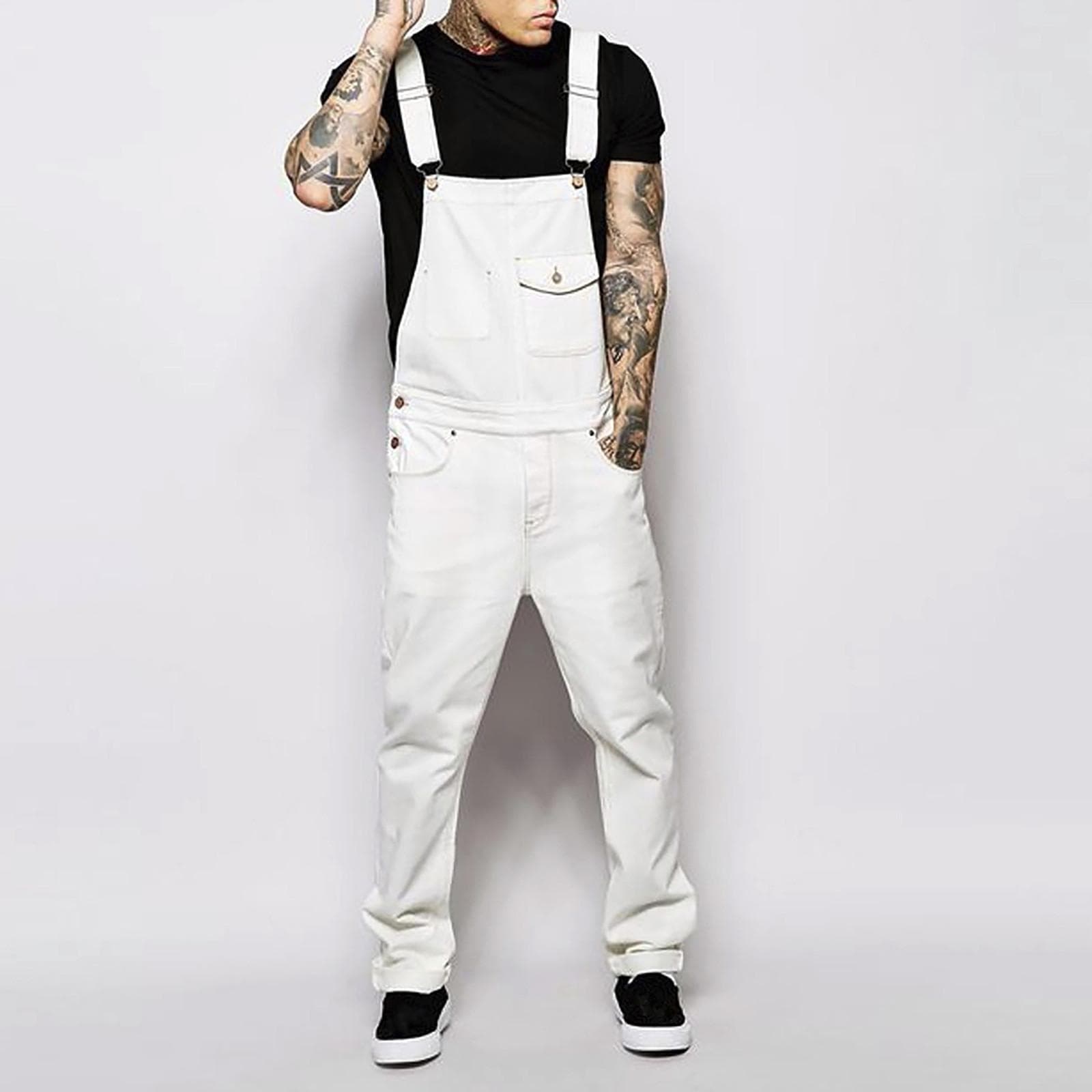 Mens Jeans Wash Overall Jumpsuit Streetwear Pocket Suspender Pants Trousers S white