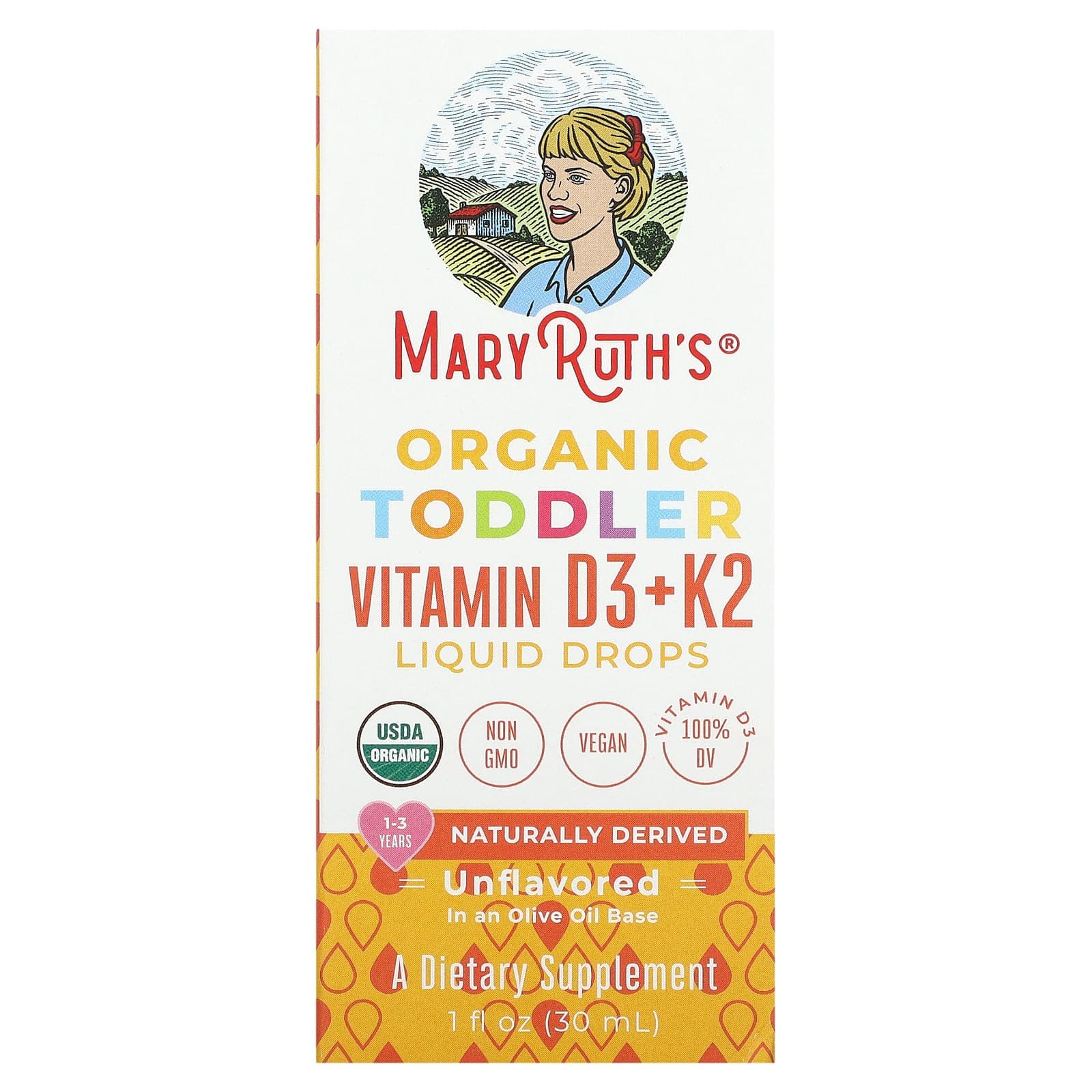 MaryRuth's, Organic Infant Vitamin D3 + K2 Liquid Drops, Ages 1-3, Unflavored, 1 fl oz (30 ml)