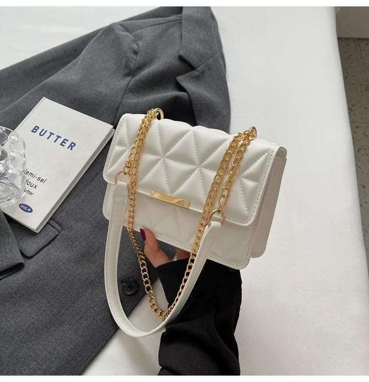 Fashion Chain Crossbody Bag, Women's Mini Shoulder Bag, Luxury Argyle Quilted Handbag & Square Purse white