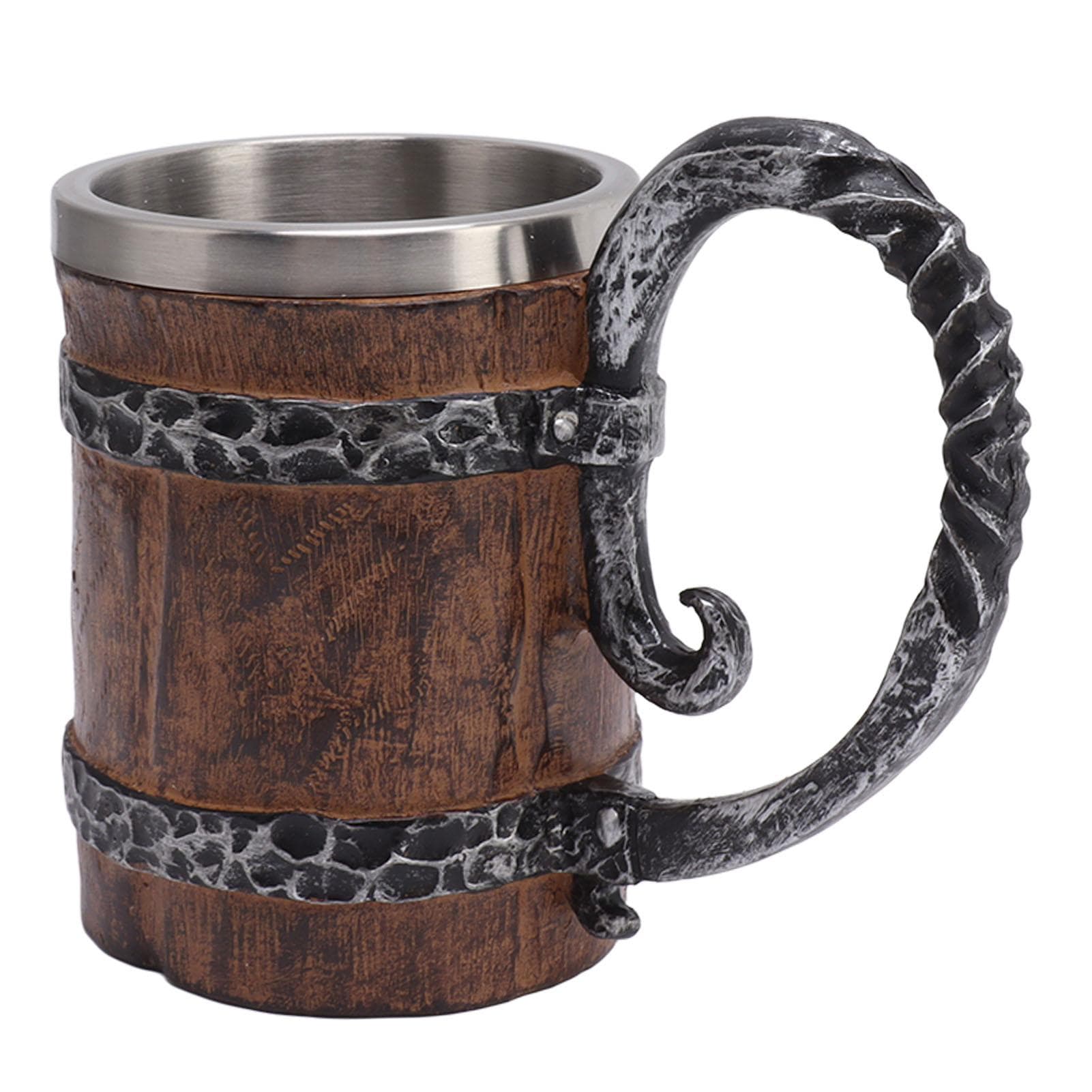 Viking Beer Mug with Handle 304 Stainless Steel Double Wall Wooden Imitation Medieval Tankard for L(for 6.5-9kg)
