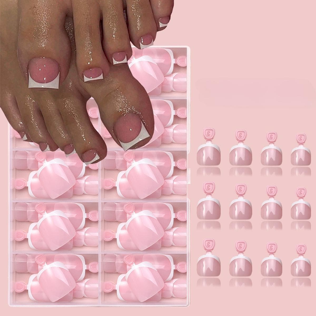 120pcs/Box Pink Toe Nail Press Ons Square French Tips Toe Press On Nails Thick False Toenail Extension Acrylic Full Cover Fake Toenails Nail Supplies 120pcs
