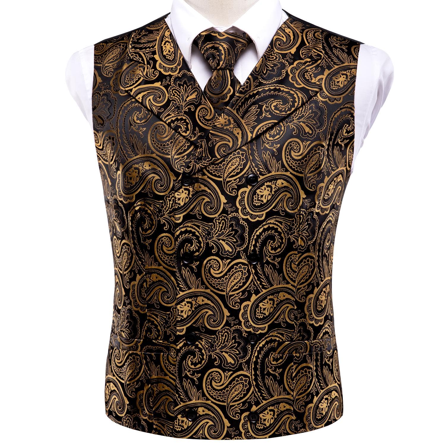 Mens Silk Victorian Vest Paisley Waistcoat Tie Hanky Cufflinks Set For Wedding S