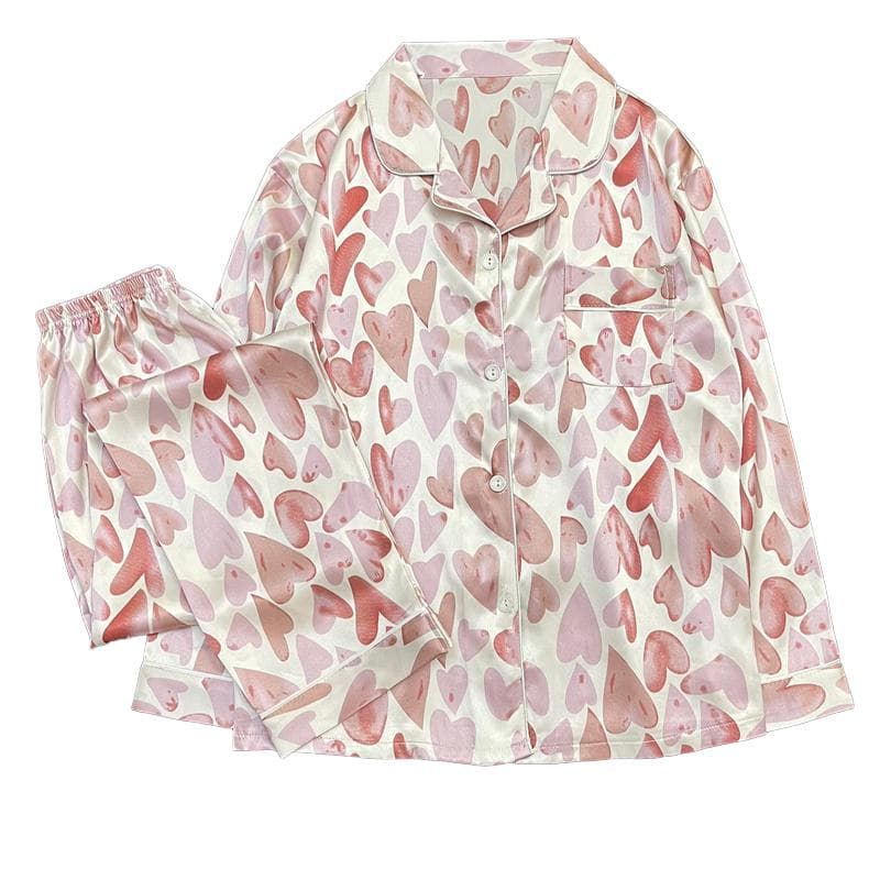 Pajamas Women's Satin Long-sleeved Pajamas Pajamas Suit Flower Printed High-grade Ice Silk Can Be Worn Outside Home Wear Pajamas XXL