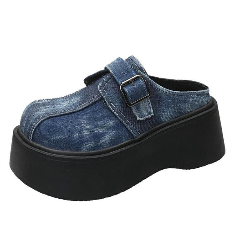 Fashion 7.5cm Denim Platform Wedge Ladies Slippers Lace Up Chunky Sneaker Casual Comfy High Brand Breathable Spring Summer Bao Toe Shoes 37 blue