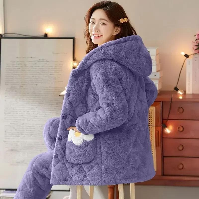 Winter New Women Pajamas Coral Fleece Cotton-Padded Jacket Warm Fleece-Lined Suit Loose Comfortable Home Wear Coat Emboitement 2XL