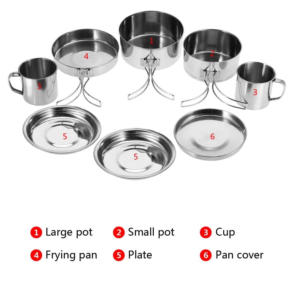 8PcsSet Portable Stainless Steel Cookware Pan Pot Plate Cup Set for Outdoor Camping Picnic