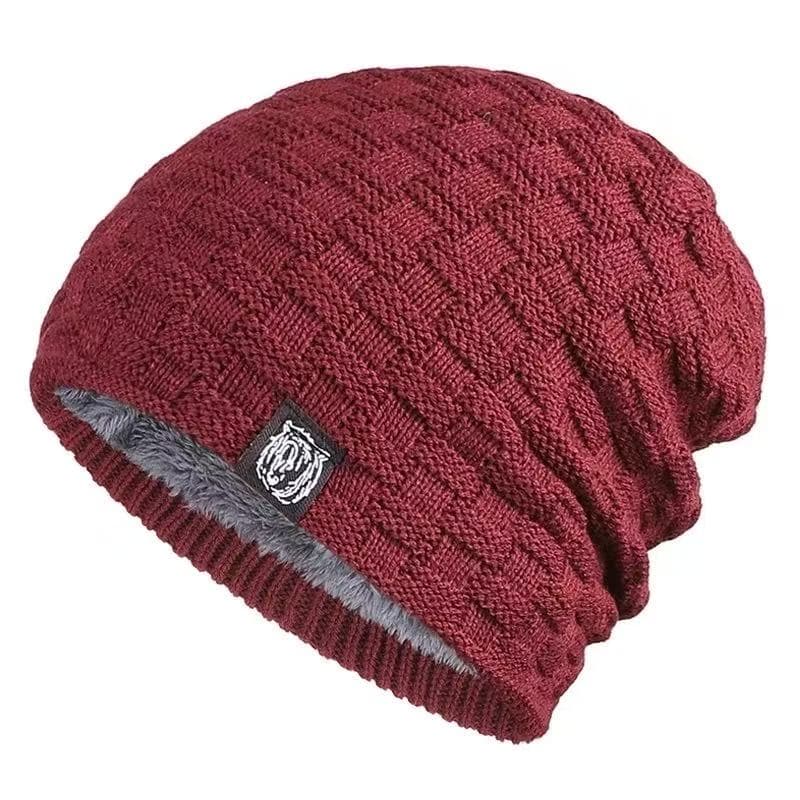 New Casual Unisex Beanie Hat Add Fur Warm Winter Hat For Men & Women Outdoor Ski Sports Knitted Hat 54cm-62cm wine red