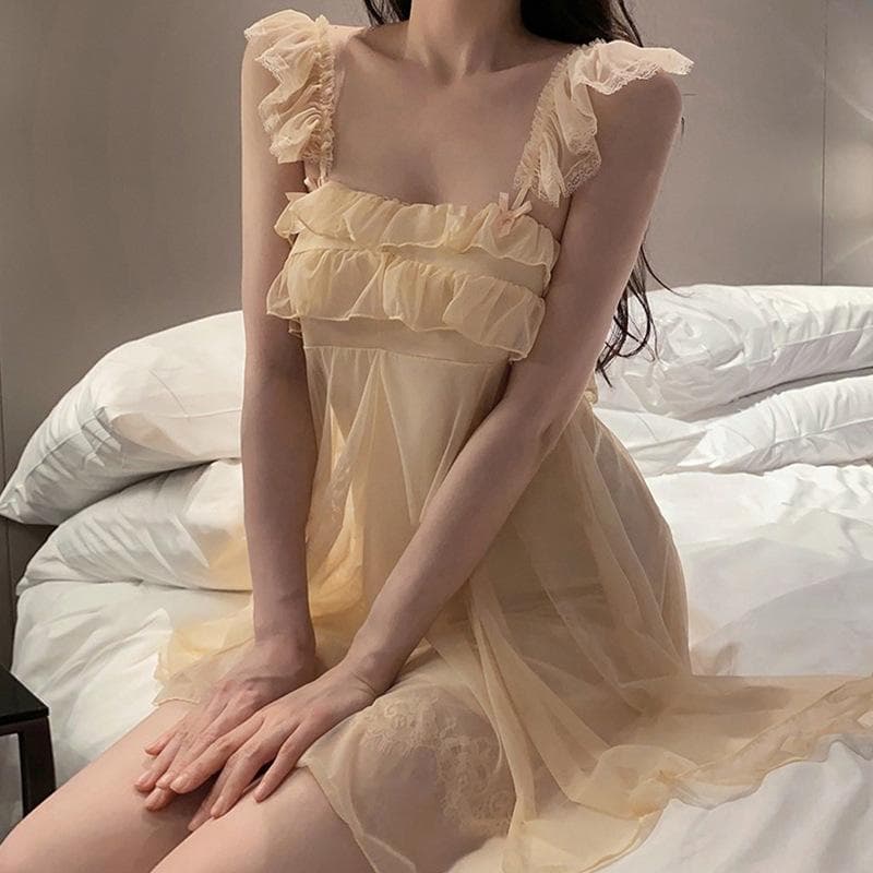 Lace Sexy Sleepwear Women Mini Dress Ruffles Nightgowns Lingerie Loungewear Sweet Japanese Nightwear Pajamas Sleeveless New XL