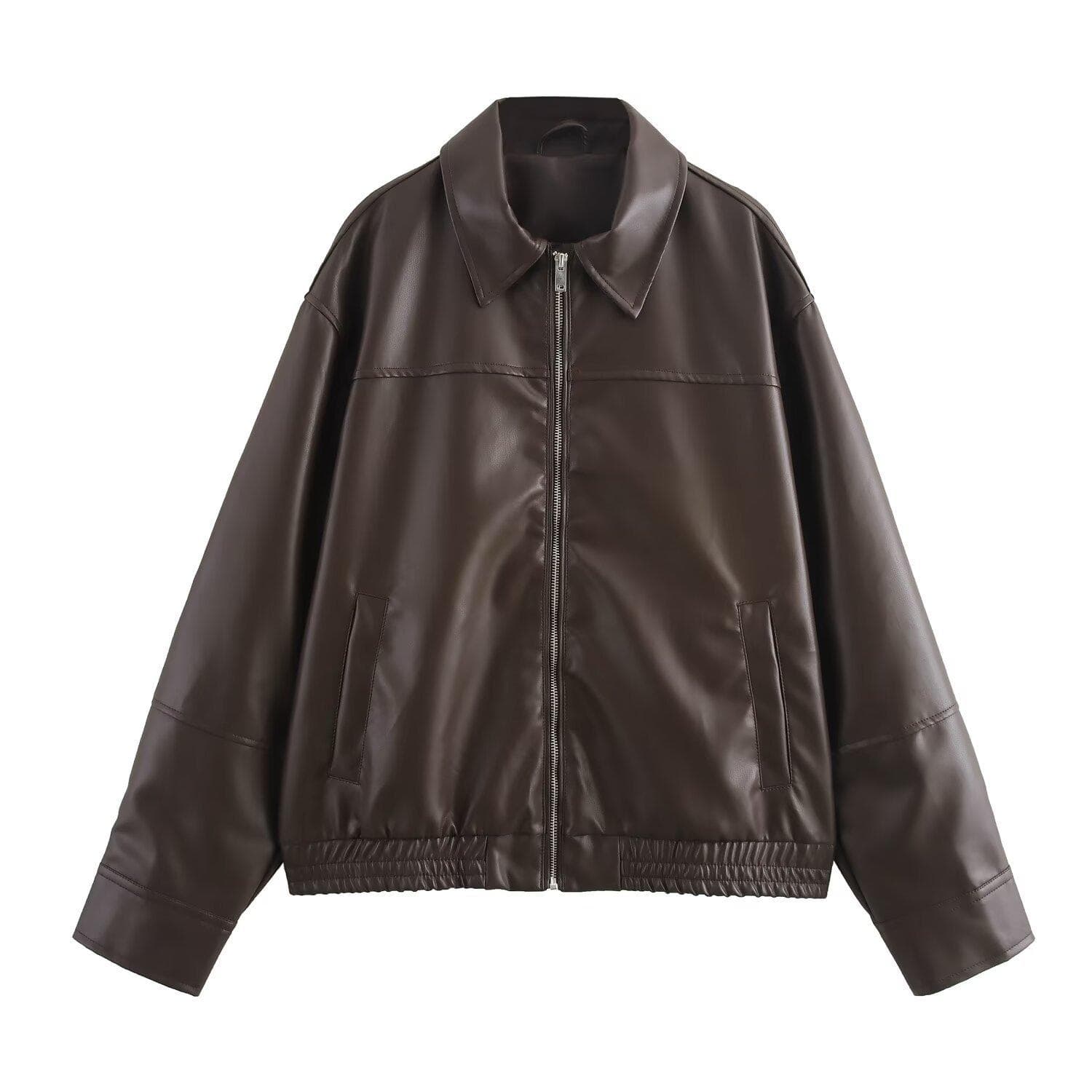 Women's Solid Color Long Sleeved Faux Leather Pilot Jacket Jacket L brown