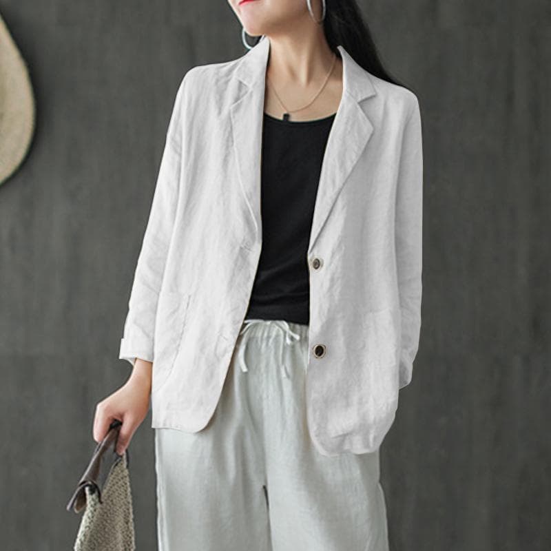 ZANZEA Korean Version of Summer 3/4 Sleeve Button Cotton Linen Suit Thin Cardigan Blouse M white