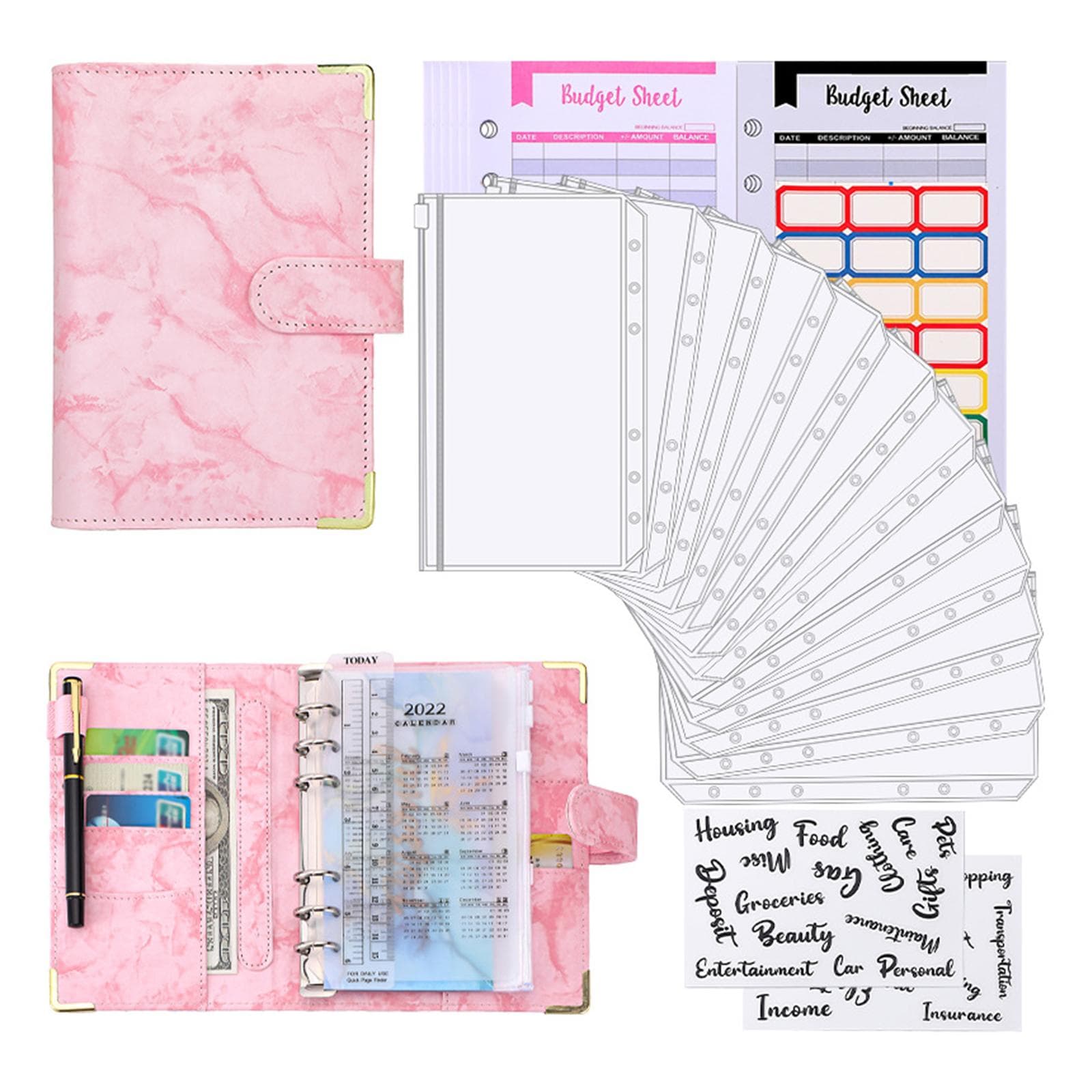 A6 Budget Binder with Marble Texture Pattern PU Leather Notebook Cover Zipper Envelopes Lable pink